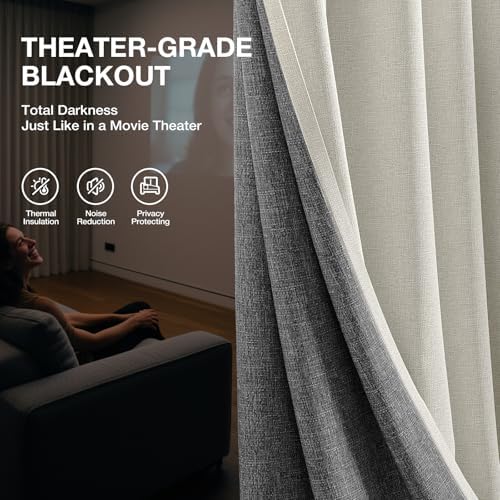 Rinwoc 100  Blackout Curtains for Bedroom 90 inch Length 2 Panels Set  Farmhouse Linen Textured Full Light Blocking Room Darkening Thermal Insulated Drapes for Living Room  W52xL90  Natural 