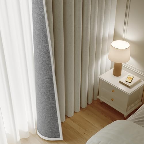 Rinwoc 100  Blackout Curtains for Bedroom 90 inch Length 2 Panels Set  Farmhouse Linen Textured Full Light Blocking Room Darkening Thermal Insulated Drapes for Living Room  W52xL90  Natural 