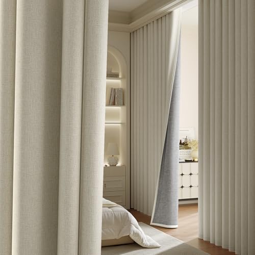 Rinwoc 100  Blackout Curtains for Bedroom 90 inch Length 2 Panels Set  Farmhouse Linen Textured Full Light Blocking Room Darkening Thermal Insulated Drapes for Living Room  W52xL90  Natural 