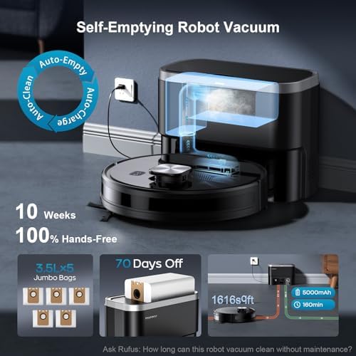 Robot Vacuum and Mop Combo  11500Pa Suction  3 in 1 Robotic Vacuum with Smart LiDAR Navigation  70 Day Self Emptying 160 Min Runtime App/Alexa/Voice Control  Ideal for Pet Hair  Carpet & Hard Floor