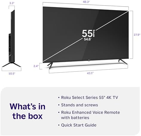 Roku Smart TV   55 Inch Select Series  4K HDR TV   Roku TV with Enhanced Voice Remote   Flat Screen LED Television with Wi Fi for Streaming Live Local News  Sports  Family Entertainment