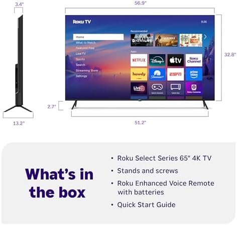 Roku Smart TV   65 Inch Select Series  4K HDR TV   RokuTV with Enhanced Voice Remote   Flat Screen LED Television with Wi Fi for Streaming Live Local News  Sports  Family Entertainment