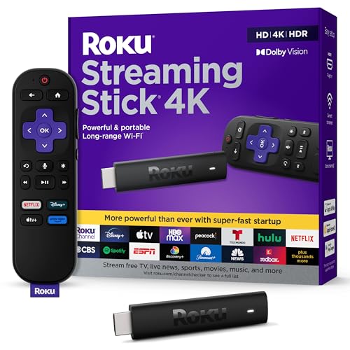 Roku Streaming Stick 4K   HDR & Dolby Vision Roku Streaming Device for TV with Voice Remote & Long Range Wi Fi   Free & Live TV
