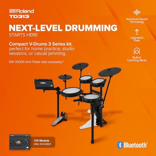 Roland TD313 V Drums   Compact 3 Series V Drum Kit   V31 Sound Module   Advanced Sound Technology   Upgraded Pads & Accurate Cymbal Triggering   Integrated Coach Mode   Expanded I/O Features
