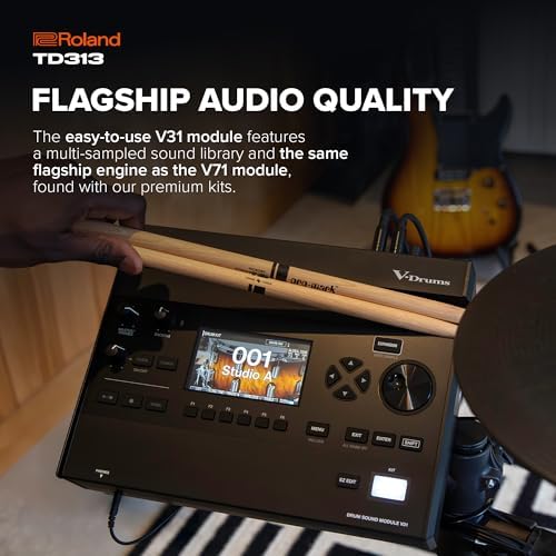 Roland TD313 V Drums   Compact 3 Series V Drum Kit   V31 Sound Module   Advanced Sound Technology   Upgraded Pads & Accurate Cymbal Triggering   Integrated Coach Mode   Expanded I/O Features