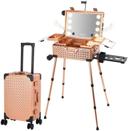 Rolling Makeup Train Case with Lighted Mirror and Bluetooth Speaker Professional Cosmetic Organizer Case with Wheels  Stands Portable Makup Station Vanity for Travel  Gray  Large 