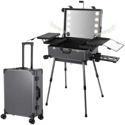 Rolling Makeup Train Case with Lighted Mirror and Bluetooth Speaker Professional Cosmetic Organizer Case with Wheels  Stands Portable Makup Station Vanity for Travel  Gray  Large 