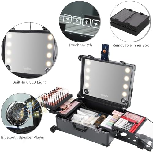 Rolling Makeup Train Case with Lighted Mirror and Bluetooth Speaker Professional Cosmetic Organizer Case with Wheels  Stands Portable Makup Station Vanity for Travel  Gray  Large 