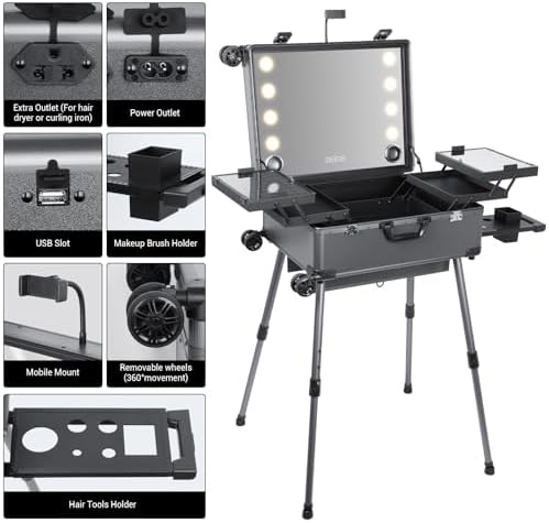 Rolling Makeup Train Case with Lighted Mirror and Bluetooth Speaker Professional Cosmetic Organizer Case with Wheels  Stands Portable Makup Station Vanity for Travel  Gray  Large 