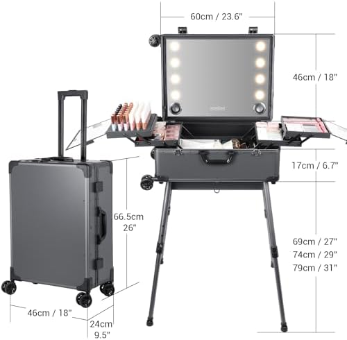 Rolling Makeup Train Case with Lighted Mirror and Bluetooth Speaker Professional Cosmetic Organizer Case with Wheels  Stands Portable Makup Station Vanity for Travel  Gray  Large 