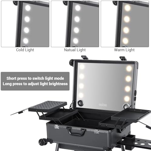 Rolling Makeup Train Case with Lighted Mirror and Bluetooth Speaker Professional Cosmetic Organizer Case with Wheels  Stands Portable Makup Station Vanity for Travel  Gray  Large 