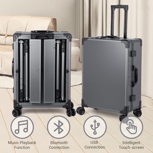 Rolling Makeup Train Case with Lighted Mirror and Bluetooth Speaker Professional Cosmetic Organizer Case with Wheels  Stands Portable Makup Station Vanity for Travel  Gray  Large 