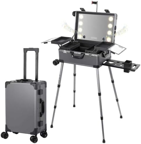 Rolling Makeup Train Case with Lighted Mirror and Bluetooth Speaker Professional Cosmetic Organizer Case with Wheels  Stands Portable Makup Station Vanity for Travel  Gray  Large 