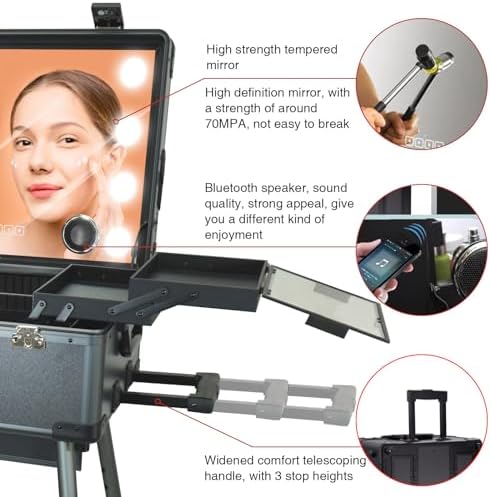 Rolling Makeup Train Case with Mirror and Lights Cosmetic Travel Box Mobile Barber Stations with Bluetooth  Speaker  Wheels  Stands