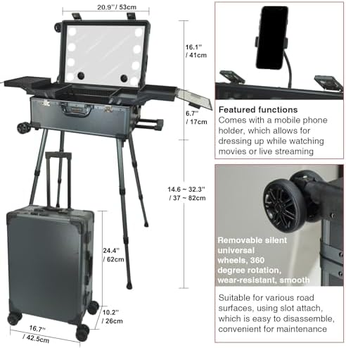 Rolling Makeup Train Case with Mirror and Lights Cosmetic Travel Box Mobile Barber Stations with Bluetooth  Speaker  Wheels  Stands