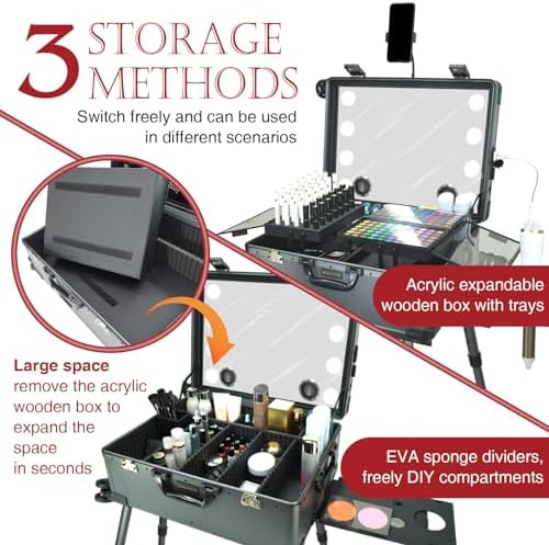 Rolling Makeup Train Case with Mirror and Lights Cosmetic Travel Box Mobile Barber Stations with Bluetooth  Speaker  Wheels  Stands