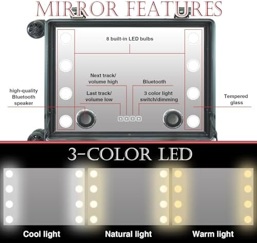 Rolling Makeup Train Case with Mirror and Lights Cosmetic Travel Box Mobile Barber Stations with Bluetooth  Speaker  Wheels  Stands