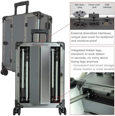 Rolling Makeup Train Case with Mirror and Lights Cosmetic Travel Box Mobile Barber Stations with Bluetooth  Speaker  Wheels  Stands