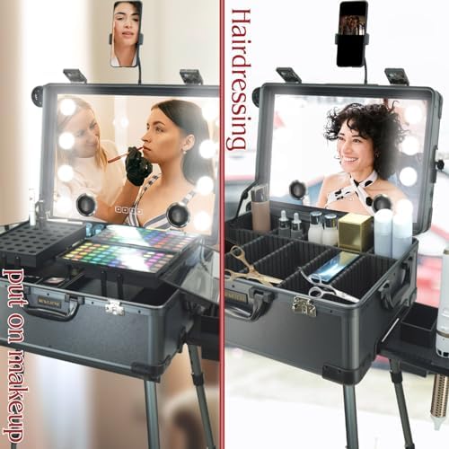 Rolling Makeup Train Case with Mirror and Lights Cosmetic Travel Box Mobile Barber Stations with Bluetooth  Speaker  Wheels  Stands