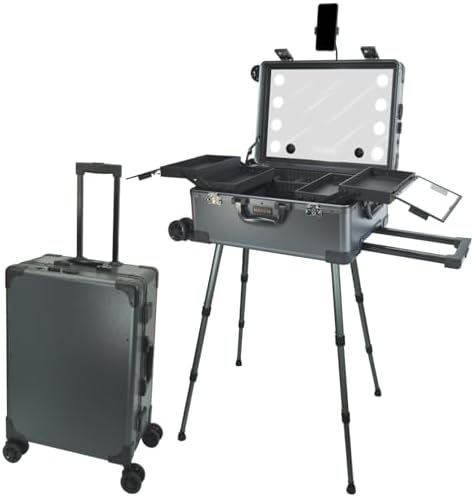 Rolling Makeup Train Case with Mirror and Lights Cosmetic Travel Box Mobile Barber Stations with Bluetooth  Speaker  Wheels  Stands