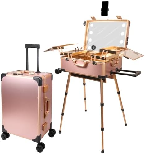 Rolling Makeup Train Case with Mirror and Lights Cosmetic Travel Box Mobile Barber Stations with Bluetooth  Speaker  Wheels  Stands