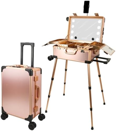 Rolling Makeup Train Case with Mirror and Lights Cosmetic Travel Box Mobile Barber Stations with Bluetooth  Speaker  Wheels  Stands