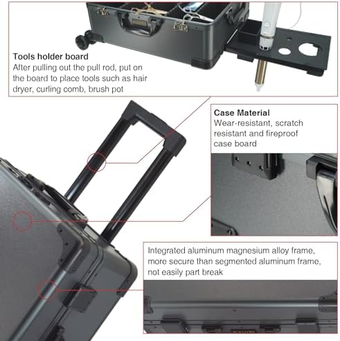 Rolling Makeup Train Case with Mirror and Lights Cosmetic Travel Box Mobile Barber Stations with Bluetooth  Speaker  Wheels  Stands