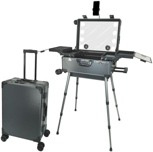 Rolling Makeup Train Case with Mirror and Lights Cosmetic Travel Box Mobile Barber Stations with Bluetooth  Speaker  Wheels  Stands