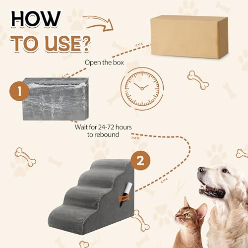 Romrol Dog Stairs Ramp for High Beds Couches  33D High Density Foam Pet Steps with Durable Non Slip Waterproof Fabric Cover  Dog Stairs for Small Dogs or Cats or Pets  4 Step Grey