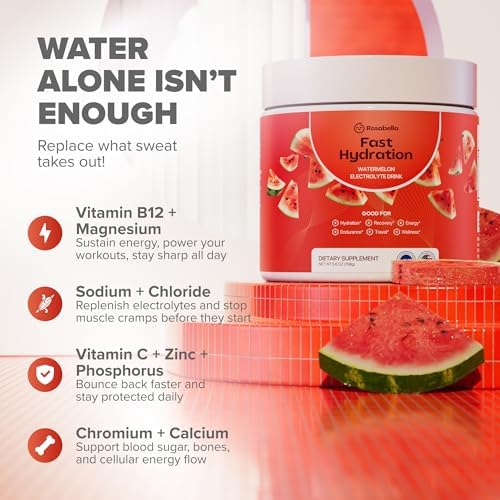 Rosabella Electrolyte Drink Powder   Watermelon   Sugar Free Hydration Drink Mix   Electrolytes Powder with Sodium  Potassium  Magnesium  Calcium   Travel Jar   30 Servings  5 6 oz