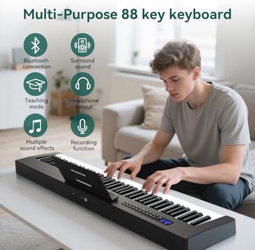 Rosen P21 Semi Weighted Keyboard 88 Keys Beginner Digital Piano  Portable Electric Piano with Sustain Pedal and Power Supply Black