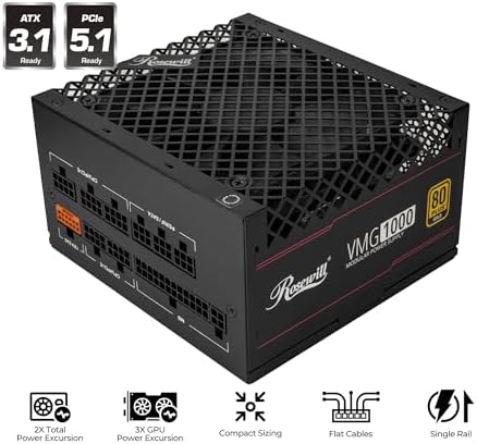 Rosewill VMG 1000W 80  Gold  ATX 3 0 & 3 1 Compatible  Full Modular Low Noise Power Supply  PCIe 5 1 12V 2x6 Connector  100  Japanese Electrolytic Capacitor  120mm FDB Silent Fan   5 Year Warranty