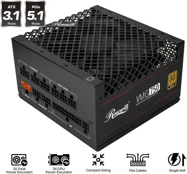 Rosewill VMG 750W 80  Gold  ATX 3 0 & 3 1 Compatible  Full Modular Low Noise Power Supply  PCIe 5 1 12V 2x6 Connector  100  Japanese Electrolytic Capacitor  120mm FDB Silent Fan   5 Year Warranty   VMG750