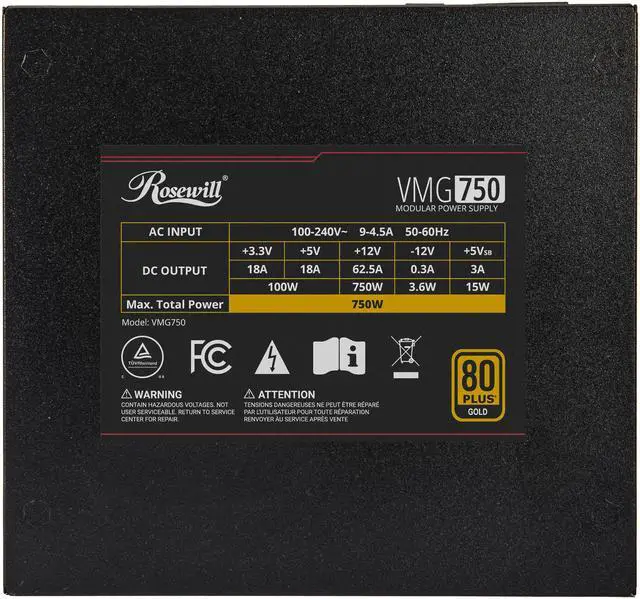 Rosewill VMG 750W 80  Gold  ATX 3 0 & 3 1 Compatible  Full Modular Low Noise Power Supply  PCIe 5 1 12V 2x6 Connector  100  Japanese Electrolytic Capacitor  120mm FDB Silent Fan   5 Year Warranty   VMG750