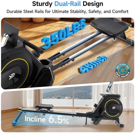 Rowing Machine for Home  350 LB Capacity  16 Level Silent Resistance  Magnetic Rowing Machines for Home Foldable  Full Body Workout Compact Rowing Machine for Cardio & Strength with APP Support