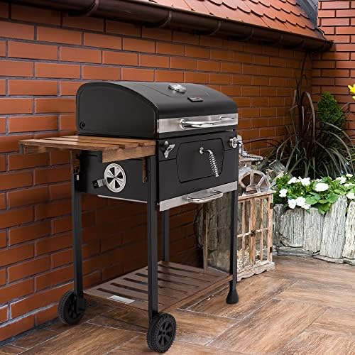 Royal Gourmet CD1824M 24 Inch Charcoal Grill  BBQ Smoker with Handle and Folding Table  Perfect for Outdoor Patio  Garden and Backyard Grilling  Black  Medium