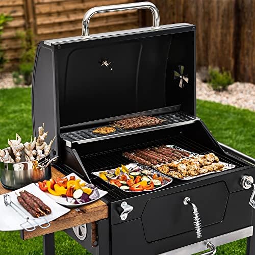 Royal Gourmet CD1824M 24 Inch Charcoal Grill  BBQ Smoker with Handle and Folding Table  Perfect for Outdoor Patio  Garden and Backyard Grilling  Black  Medium