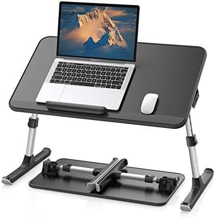 SAIJI Leather Laptop Bed Tray Table  Adjustable Laptop Stand with Removable Stopper  Portable Lap Desks with Foldable Legs  Notebook Stand Breakfast Reading Desk for Sofa Couch  Medium  Black