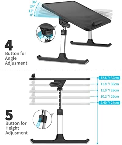 SAIJI Leather Laptop Bed Tray Table  Adjustable Laptop Stand with Removable Stopper  Portable Lap Desks with Foldable Legs  Notebook Stand Breakfast Reading Desk for Sofa Couch  Medium  Black