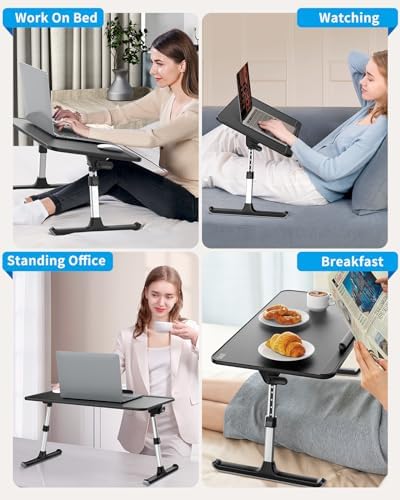 SAIJI Leather Laptop Bed Tray Table  Adjustable Laptop Stand with Removable Stopper  Portable Lap Desks with Foldable Legs  Notebook Stand Breakfast Reading Desk for Sofa Couch  Medium  Black