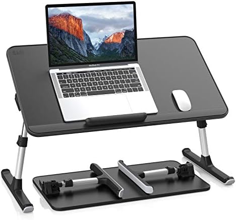 SAIJI Leather Laptop Bed Tray Table  Adjustable Laptop Stand with Removable Stopper  Portable Lap Desks with Foldable Legs  Notebook Stand Breakfast Reading Desk for Sofa Couch  Medium  Black