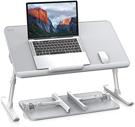 SAIJI Leather Laptop Bed Tray Table  Adjustable Laptop Stand with Removable Stopper  Portable Lap Desks with Foldable Legs  Notebook Stand Breakfast Reading Desk for Sofa Couch  Medium  Black