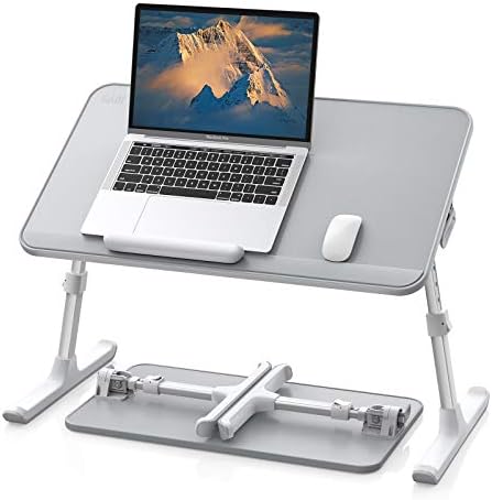 SAIJI Leather Laptop Bed Tray Table  Adjustable Laptop Stand with Removable Stopper  Portable Lap Desks with Foldable Legs  Notebook Stand Breakfast Reading Desk for Sofa Couch  Medium  Black