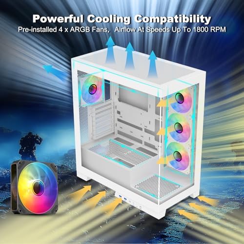 SAMA NEVIEW 4503 Mid Tower PC Case  Panoramic Dual Tempered Glass ATX Gaming Case  4 120mm ARGB Fans with Hub  High Airflow  Back Connector Ready  Type C & 2  USB 3 0  360mm AIO Support  White