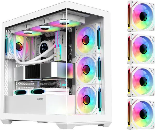 SAMA SV01 Gaming PC Case Computer Mid Tower ATX Case White with 4 Addressable RGB Fans Pre Installed  Back Plug Motherboard Design  Tempered Glass Transparent Side Panel