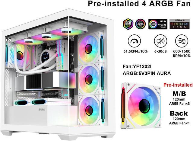 SAMA SV01 Gaming PC Case Computer Mid Tower ATX Case White with 4 Addressable RGB Fans Pre Installed  Back Plug Motherboard Design  Tempered Glass Transparent Side Panel
