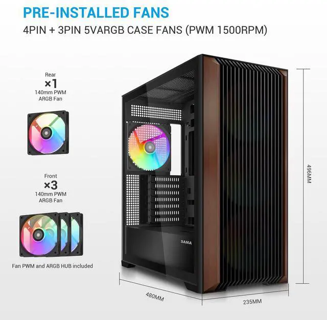 SAMA Z60 Black Genuine Walnut Wood PC Case  ATX Mid Tower  Pre Installed 4x 140mm ARGB PWM Fans  Supports 360mm Radiator on Top  Type C Port  Supports E ATX/ATX/M ATX/ITX  Full Tower Computer Case