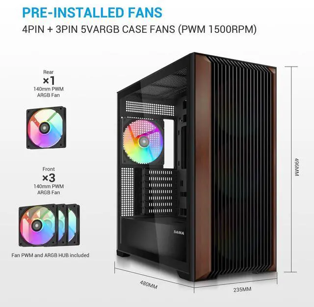 SAMA Z60 Black Genuine Walnut Wood PC Case  ATX Mid Tower  Pre Installed 4x 140mm ARGB PWM Fans  Supports 360mm Radiator on Top  Type C Port  Supports E ATX/ATX/M ATX/ITX  Full Tower Computer Case