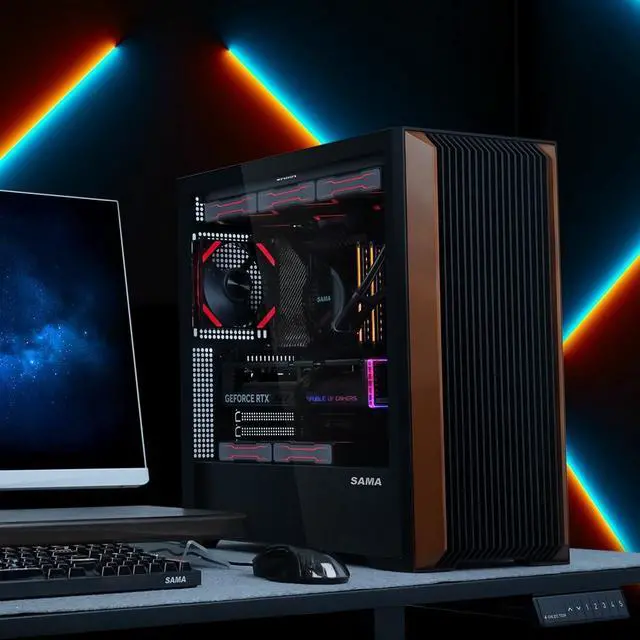SAMA Z60 Black Genuine Walnut Wood PC Case  ATX Mid Tower  Pre Installed 4x 140mm ARGB PWM Fans  Supports 360mm Radiator on Top  Type C Port  Supports E ATX/ATX/M ATX/ITX  Full Tower Computer Case