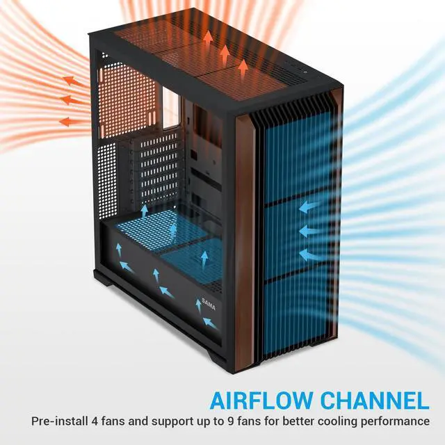 SAMA Z60 Black Genuine Walnut Wood PC Case  ATX Mid Tower  Pre Installed 4x 140mm ARGB PWM Fans  Supports 360mm Radiator on Top  Type C Port  Supports E ATX/ATX/M ATX/ITX  Full Tower Computer Case